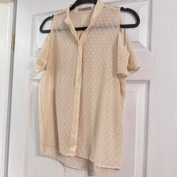 All Saints Textured Cream Cold Shoulder Button Down Blouse - Picture 1 of 6